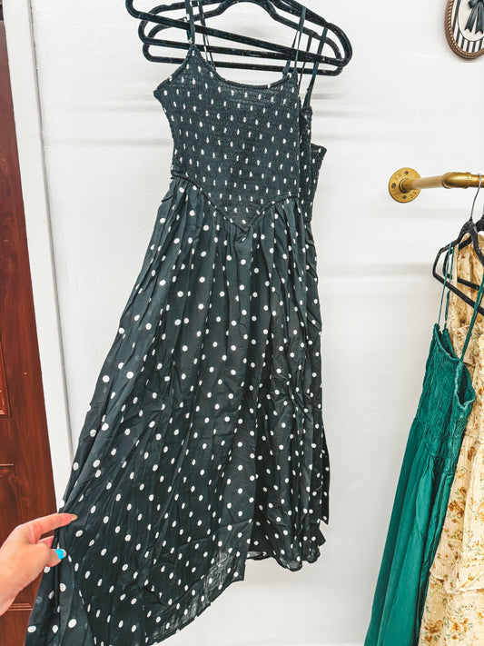 black and white polka dot midi dress