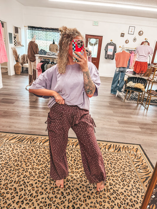 chocolate floral joggers with bow details