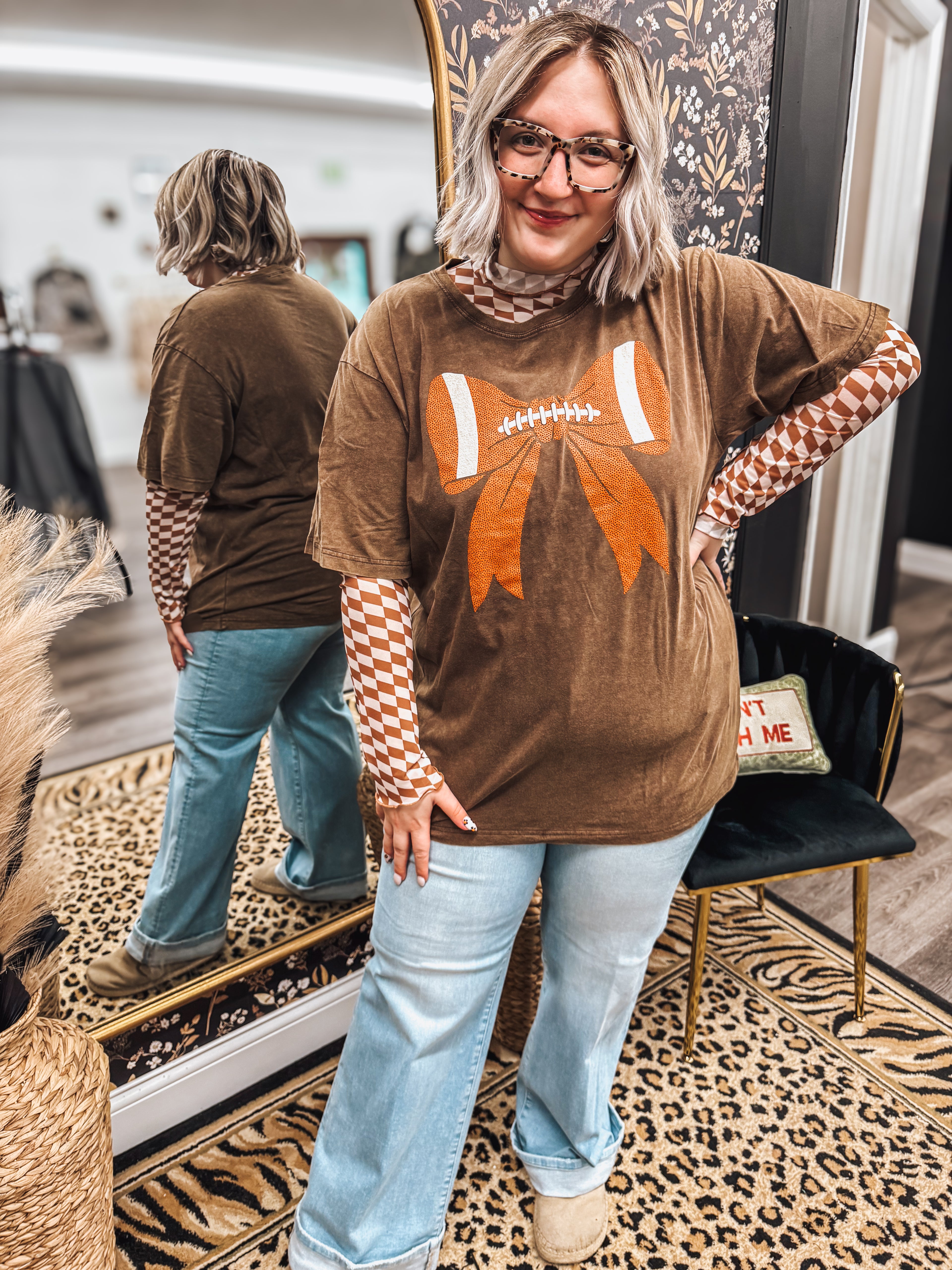 oversized puff football bow graphic tee