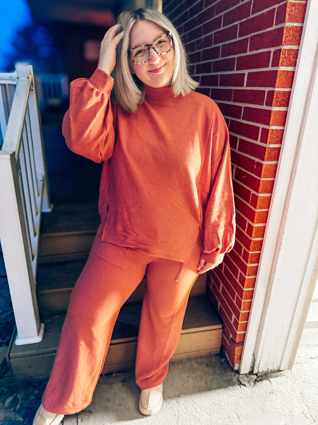 mock neck cloudy knit top and bottom set in 2 colors