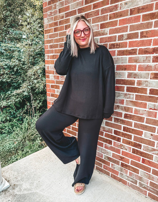 BEST SELLING black ribbed long sleeve pants set