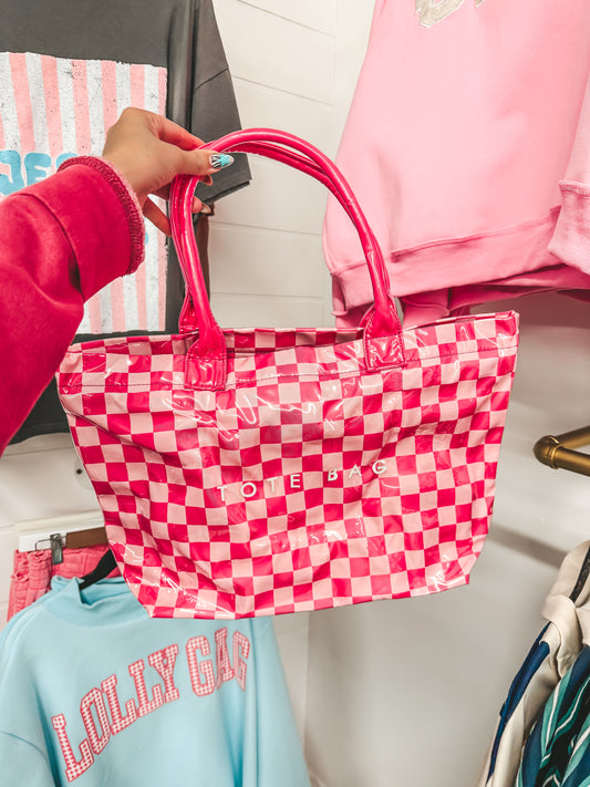 Pink checkered tote bag