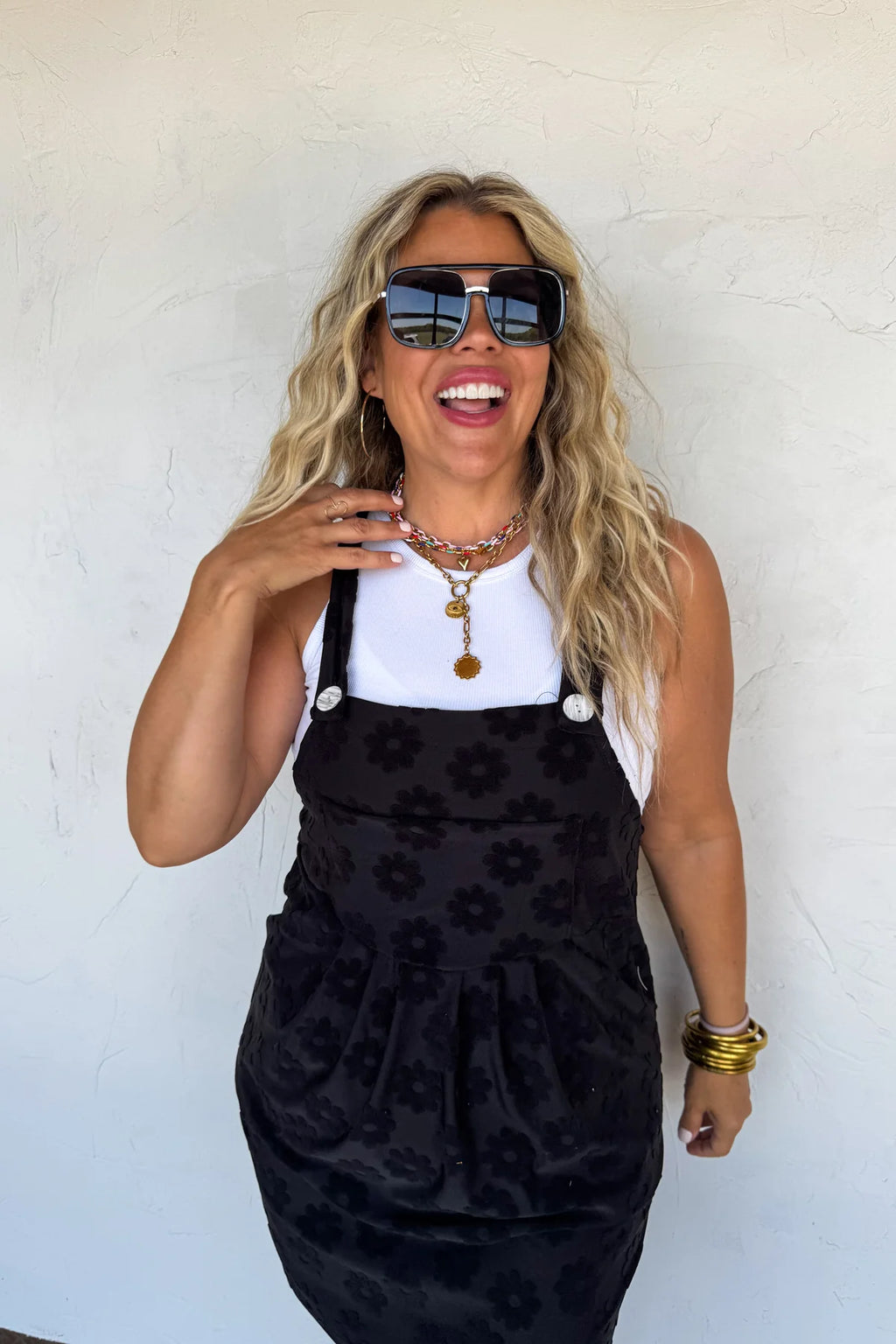 BLACK SUNSHINE & DAISIES OVERALL DRESS