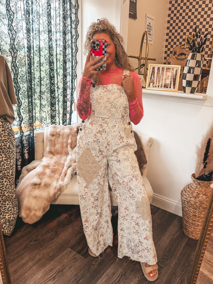 POL cream floral crochet patch detail overalls