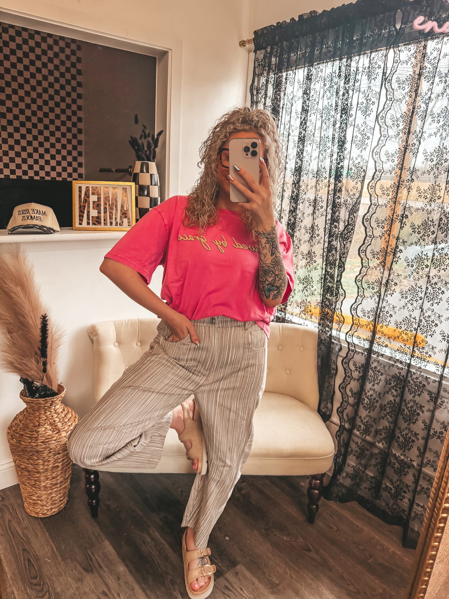 mushroom striped barrel twill pants