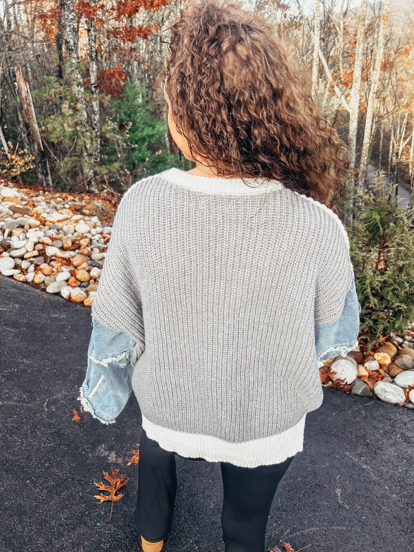 denim sleeve sweater