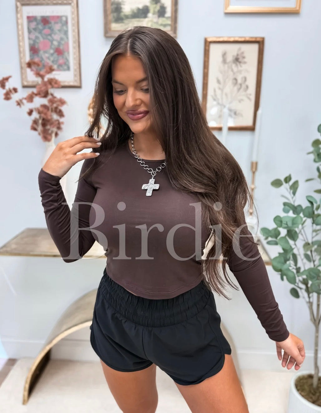 BIRDIE Essential Cropped Long Sleeve Top in Chocolate