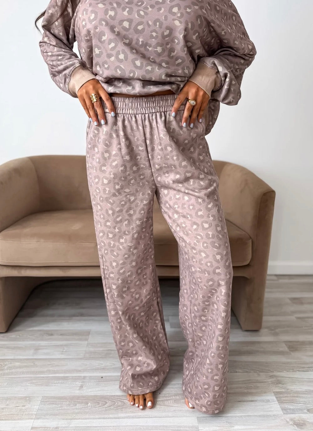 BIRDIE PREORDER Relaxed Terry Wide Leg Pants in Toasted Toffee Leopard