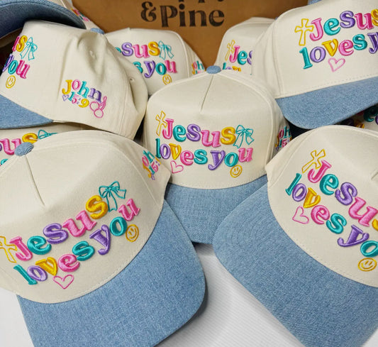 jesus loves you denim hat-ships in 2/3 weeks
