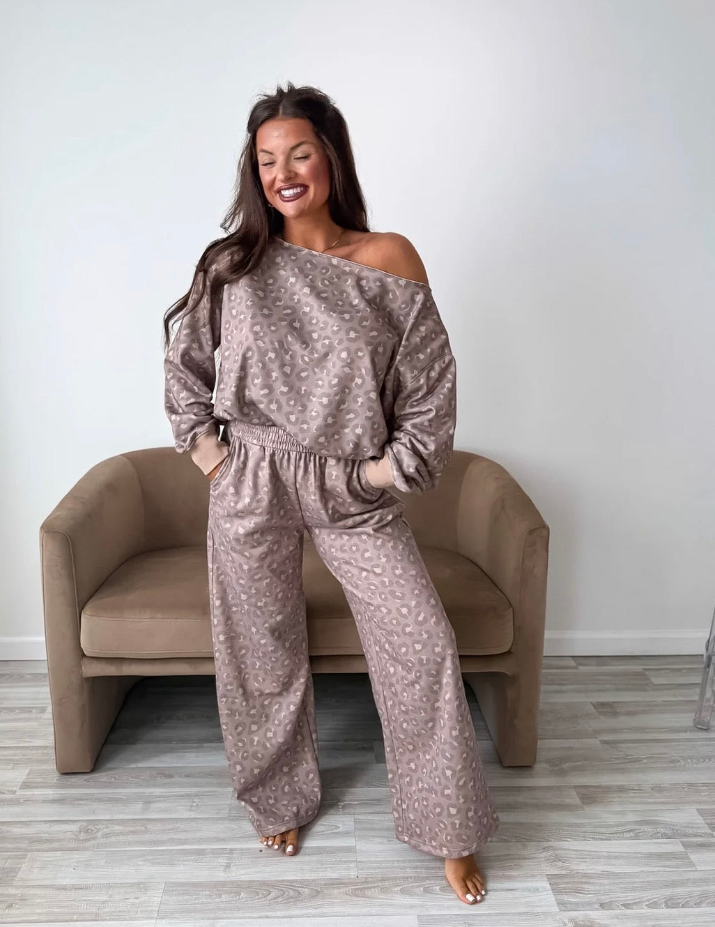 BIRDIE PREORDER Off Shoulder Slouchy Pullover in Toasted Toffee Leopard