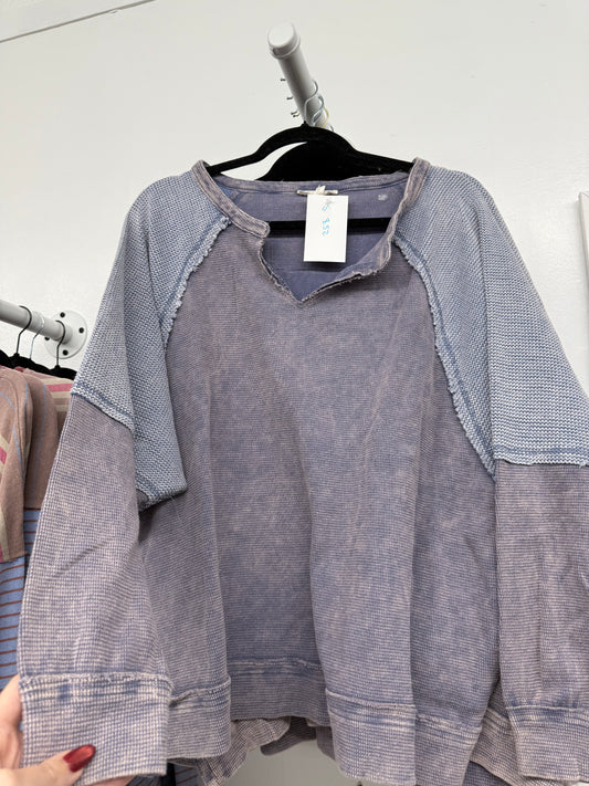 oversized waffle spilt neck navy top