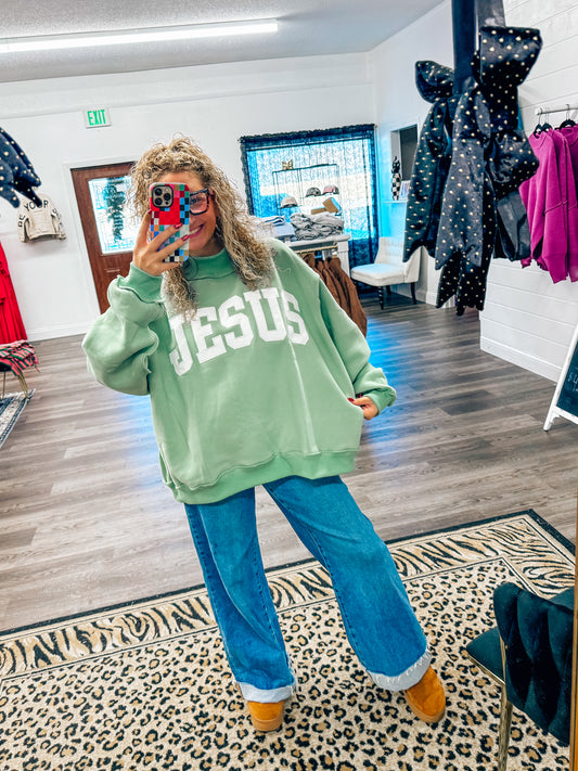 green Jesus embroidered mock neck