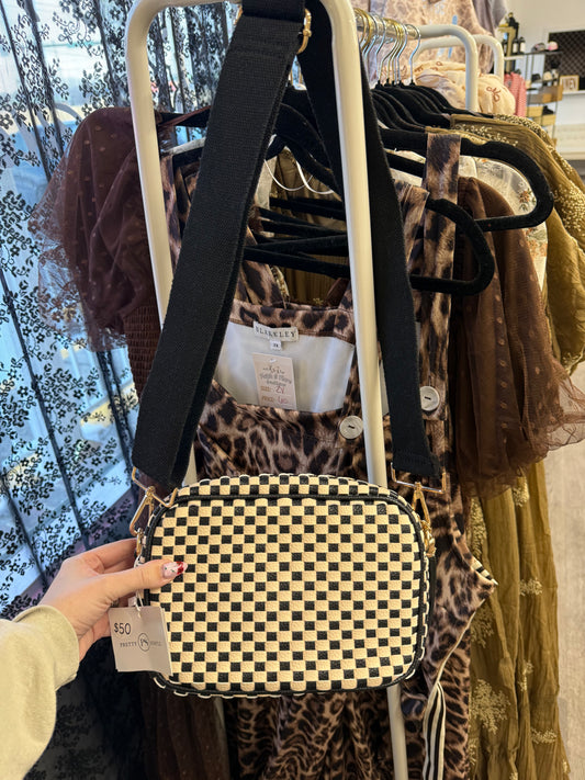 black and whitc checkered crossbody bag