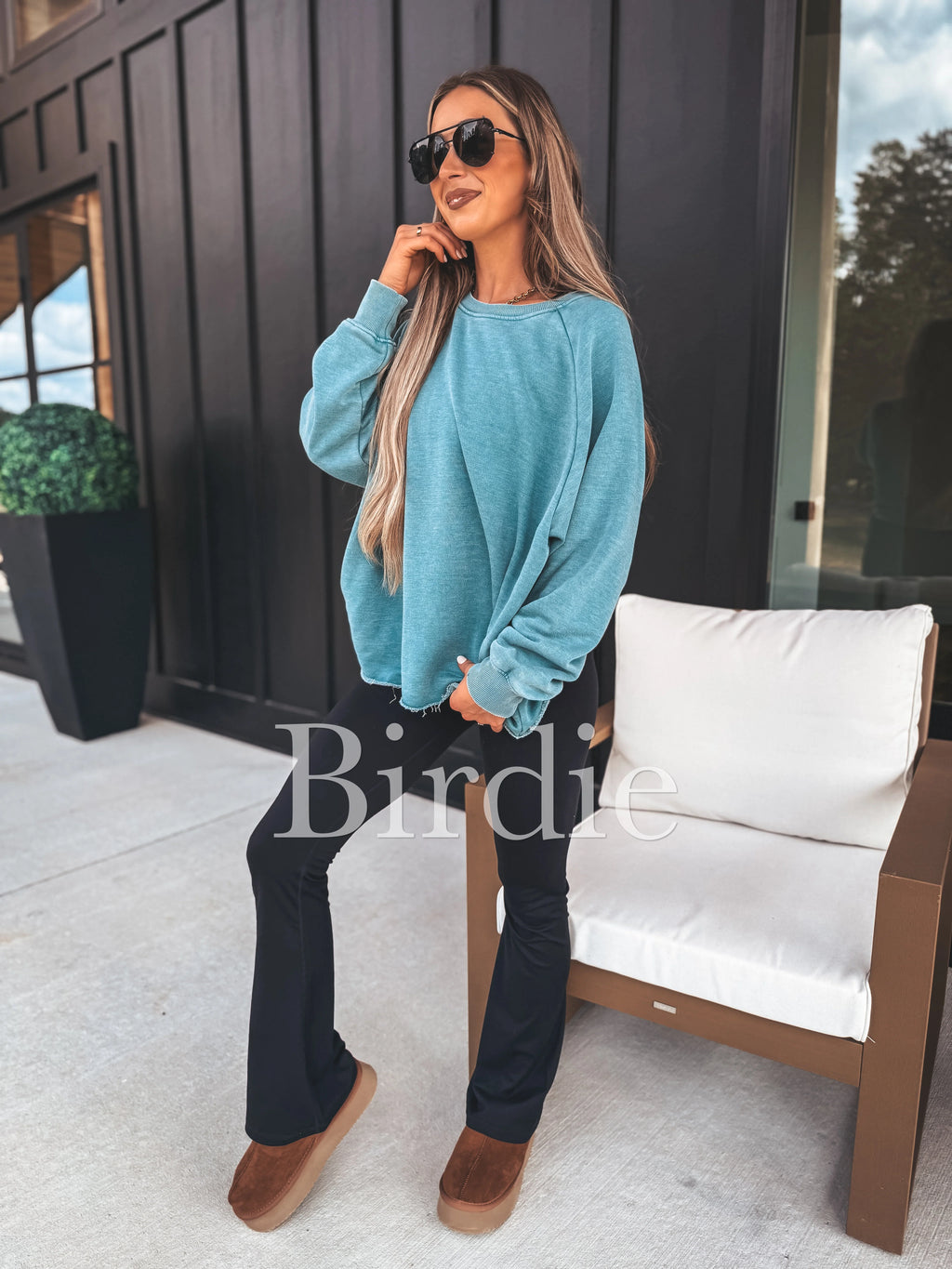 BIRDIE Ash Wash Raw Hem Cozy Pullover in Teal