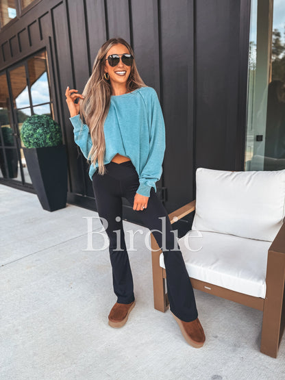 BIRDIE Ash Wash Raw Hem Cozy Pullover in Teal