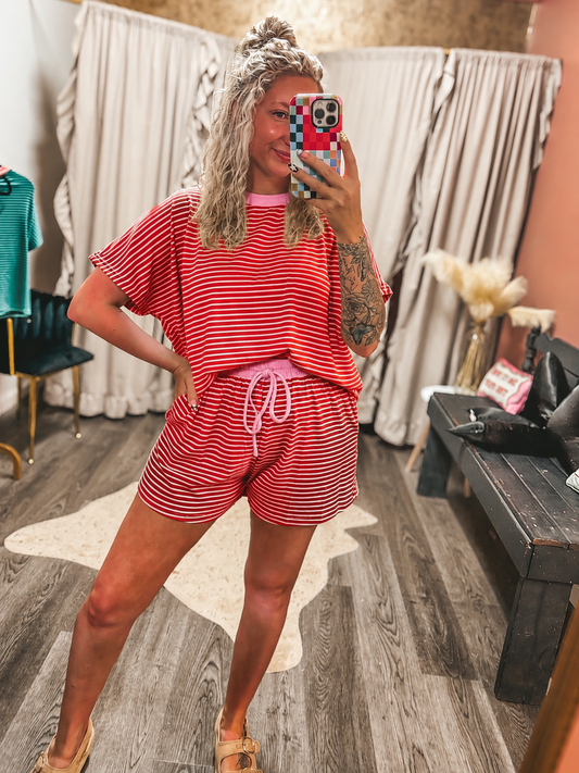 best selling striped set in red/pink