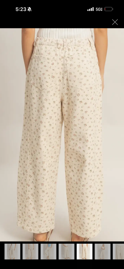 denim floral barrel pants with elastic band backing