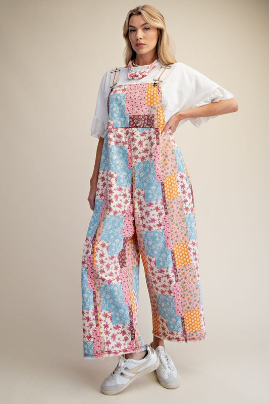 preorder-PATCHWORK PRINT WASHED OVERALLS