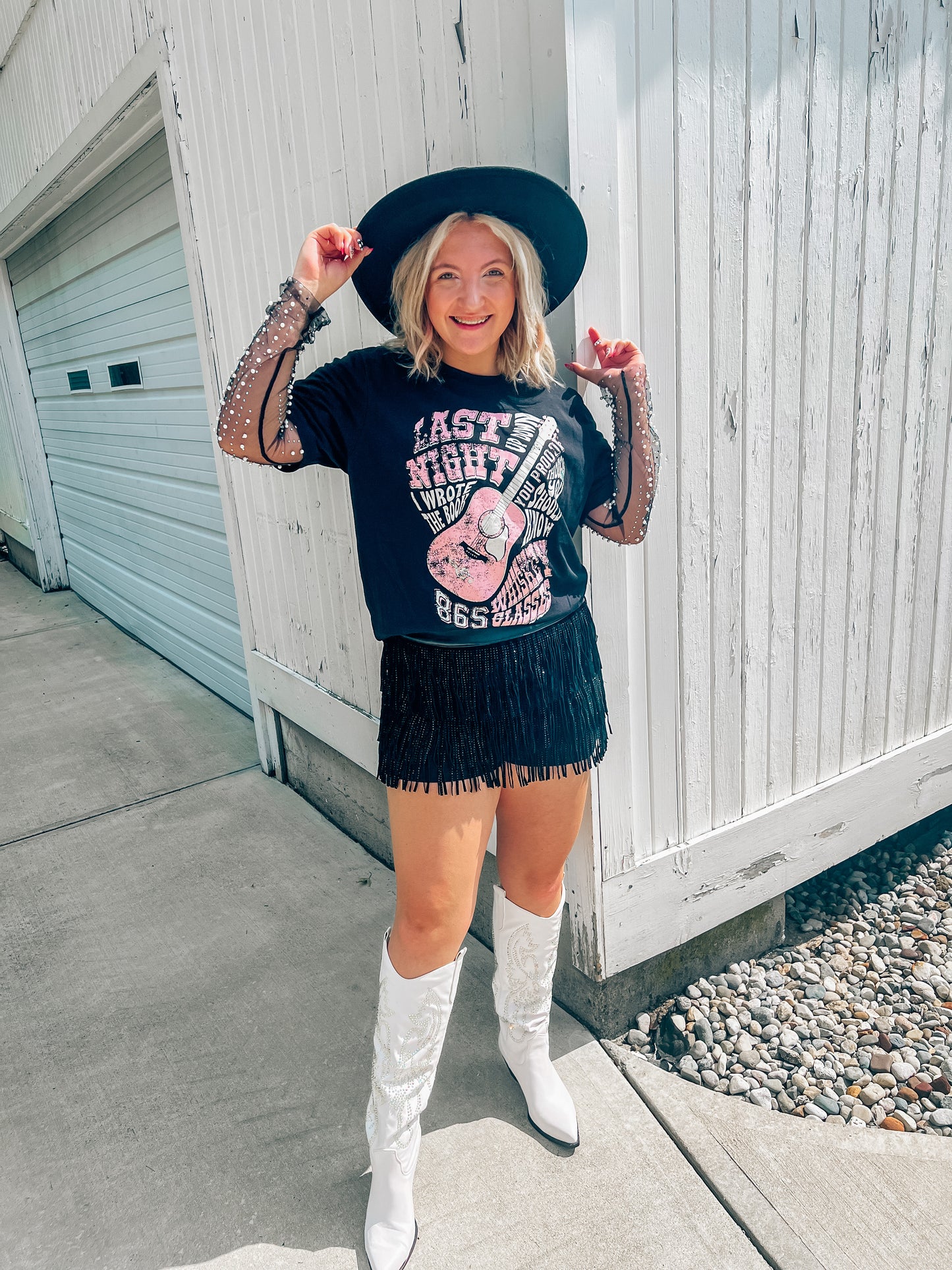 pearl & rhinestone black mesh top