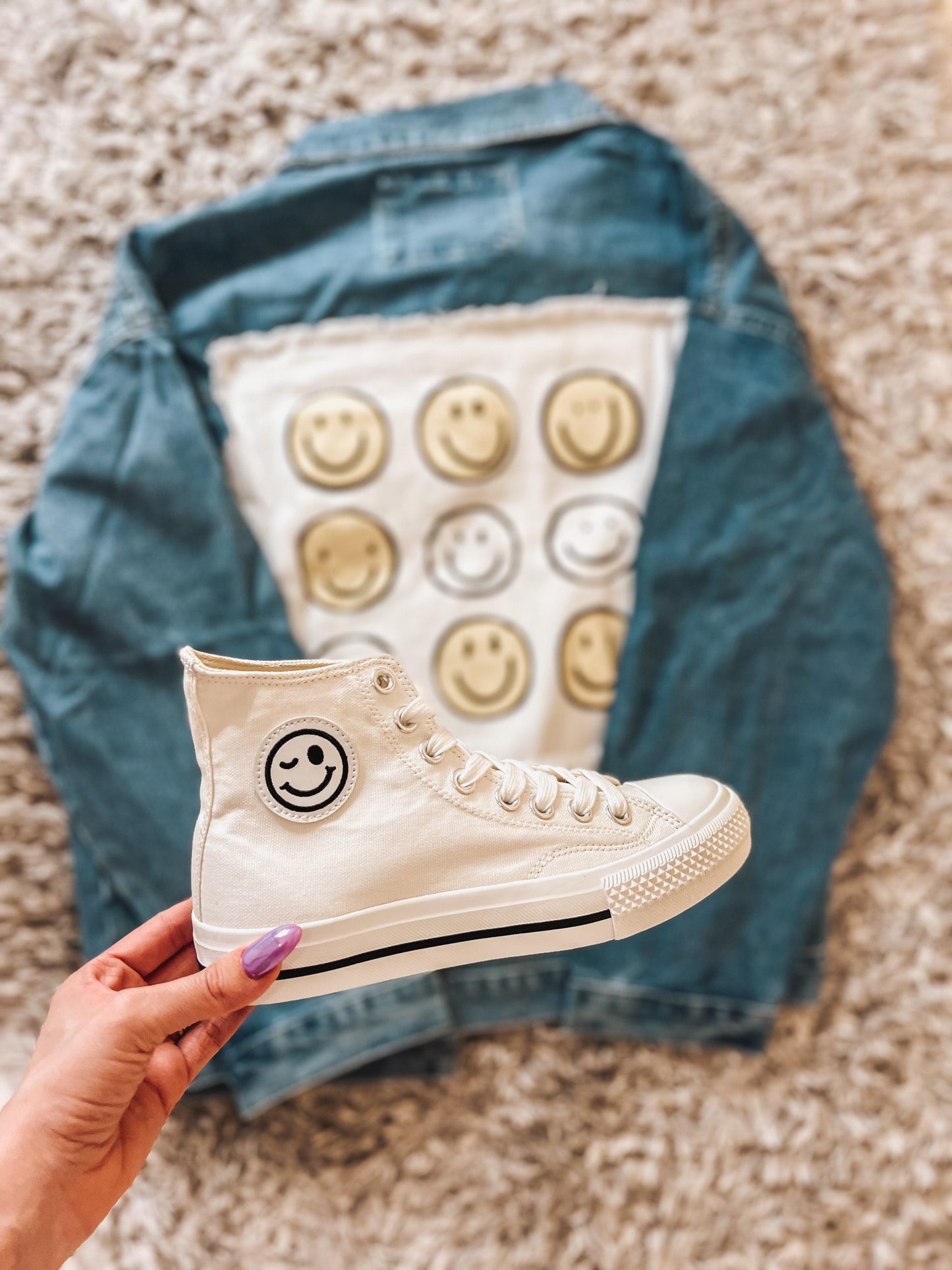 Hattie smiley face hightop sneakers in white