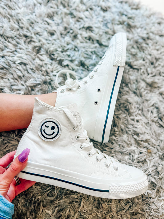 Hattie smiley face hightop sneakers in white